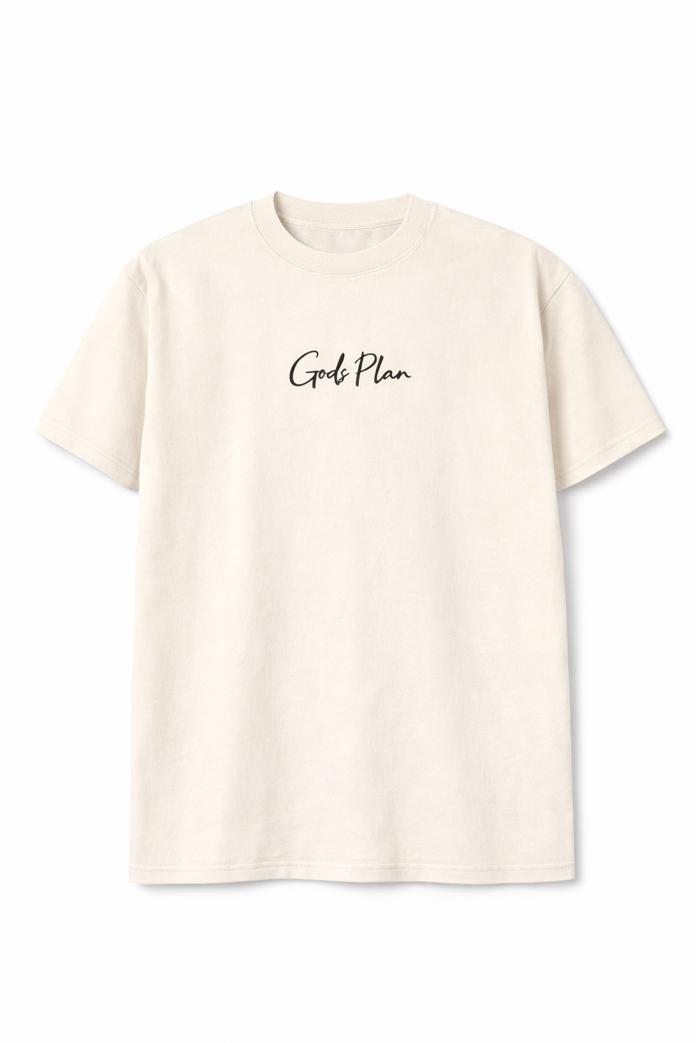 Beige t-shirt with 'God Plan' text on a white background