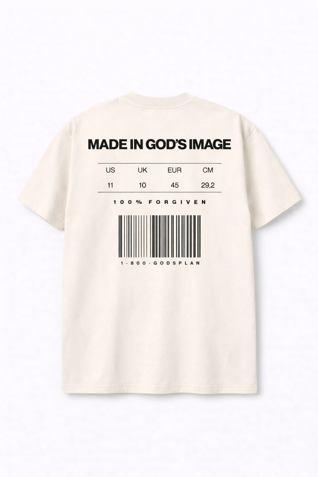 Beige t-shirt with text and barcode design on back of shirt on a white background